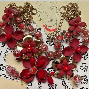 Necklace Double Strand Red Floral Beaded Matinee Vintage
